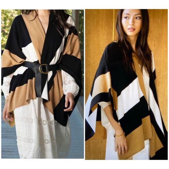 Parrish LA Women’s Colorblock Stevie Poncho Wrap Sweater NWT One Size Cozy Chic - Picture 1 of 10